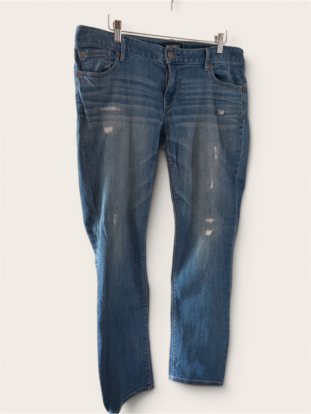 Express Straight Leg Jeans in Faded Blue with Light Distressing